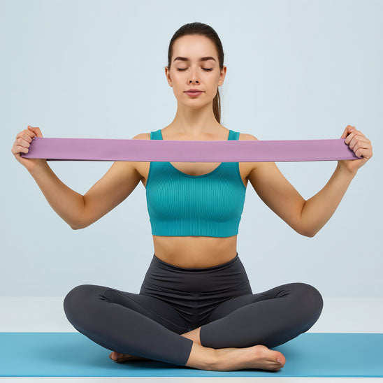 Femme assit en indien avec un elastique dans les main