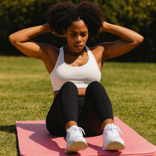 femme assit sur un tapis faire des redressement assit a exterieure