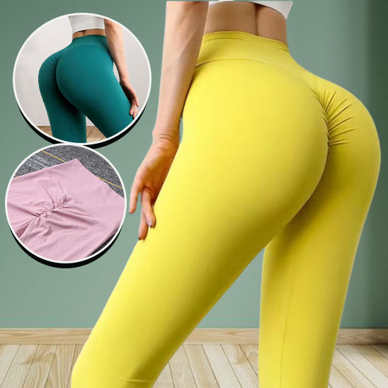 Femme montre leggings jaune vert et rose