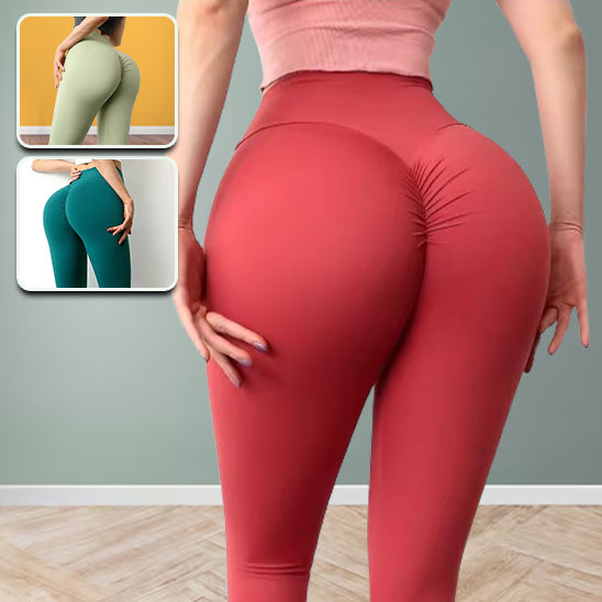 Femme montre des leggings vert gris et rouge