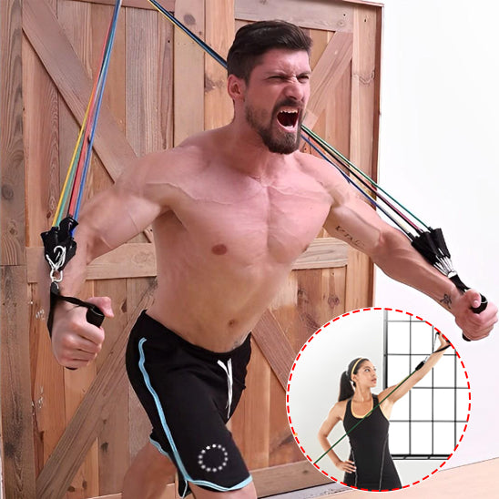 homme fait des etirement avec force avec des elastique de musculation 